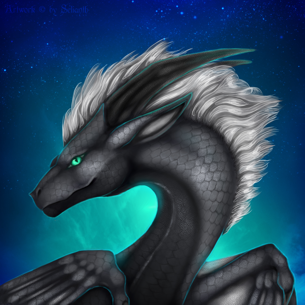 ambiguous_gender aros_(aros) black_body black_ears black_horn black_scales black_wings dragon fantasy feral green_eyes headshot_portrait horn mane portrait scales selianth sky solo space star starry_sky white_mane wings