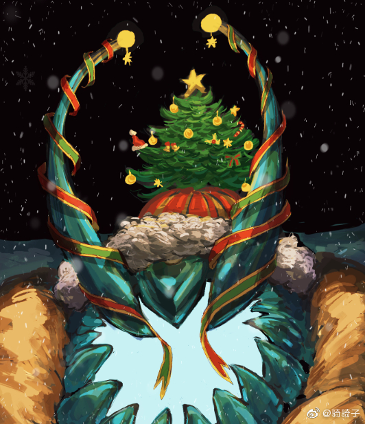 1boy alternate_costume aqua_horns christmas_lights christmas_ornaments christmas_stocking christmas_tree crown faceless fate/grand_order fate_(series) giant giant_male hat horns ivan_the_terrible_(fate) luboyaqqz male_focus night night_sky portrait santa_hat sky snowing solo tusks