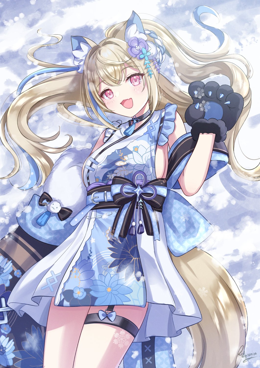 1girl animal_ear_fluff animal_ears animal_hands belt black_collar black_sash blonde_hair blue_belt blue_hair blue_kimono breasts collar dog_ears dog_girl dog_paws dog_tail fang flower fuwawa_abyssgard fuwawa_abyssgard_(new_year) hair_flower hair_ornament highres hololive hololive_english japanese_clothes kimono large_breasts long_hair looking_at_viewer multicolored_hair official_alternate_costume open_mouth pink_eyes ponytail redpepperoni00 sash short_kimono skin_fang sleeveless sleeveless_kimono smile streaked_hair tail thigh_strap virtual_youtuber