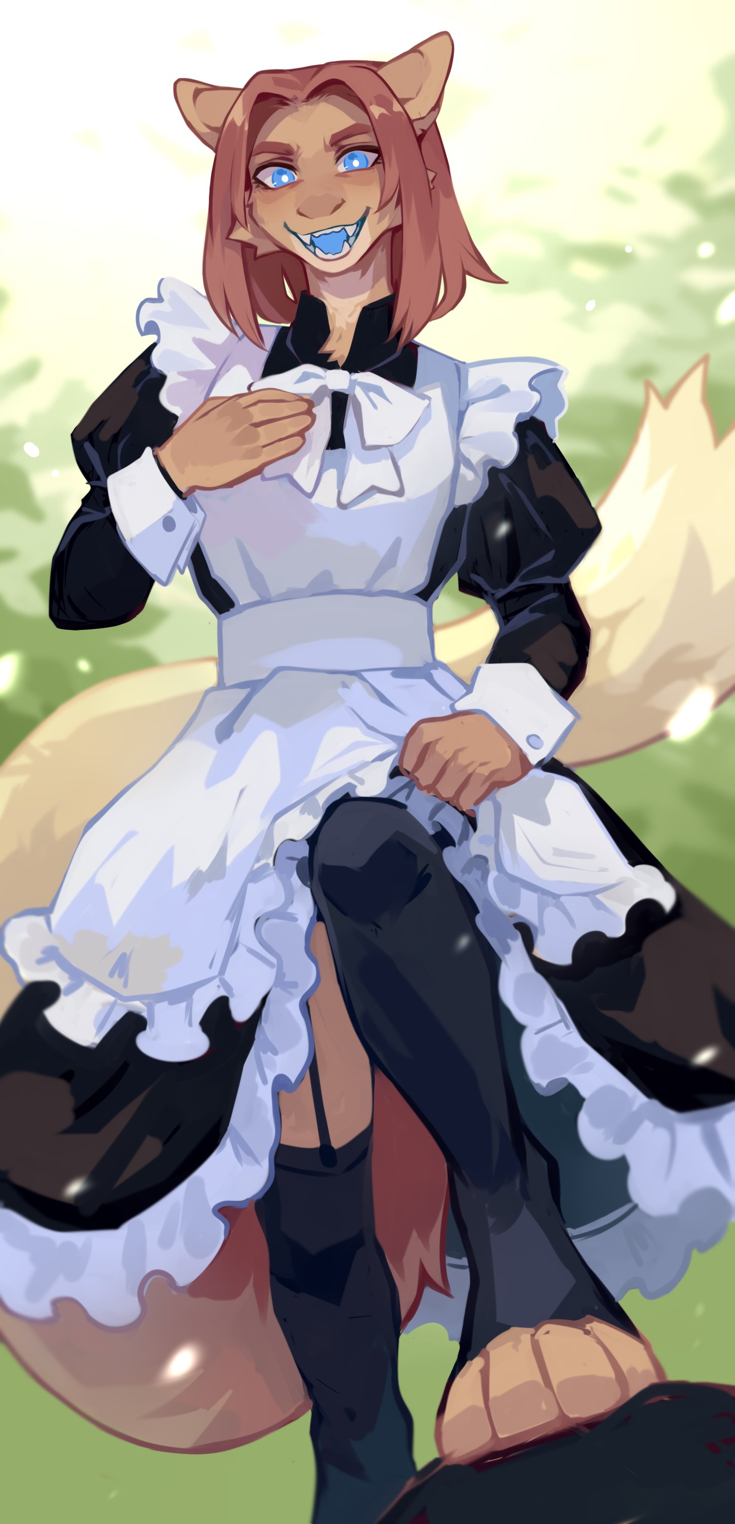 absurd_res anthro black_clothing black_legwear blue_eyes blue_tongue brown_hair clothed clothing corzh77 dragon fangs female front_view fur furred_dragon hair hand_on_chest hi_res legwear looking_at_viewer maid_uniform open_mouth pupils solo standing tail tan_body tan_ears tan_fur tan_tail teeth tongue uniform white_clothing white_pupils