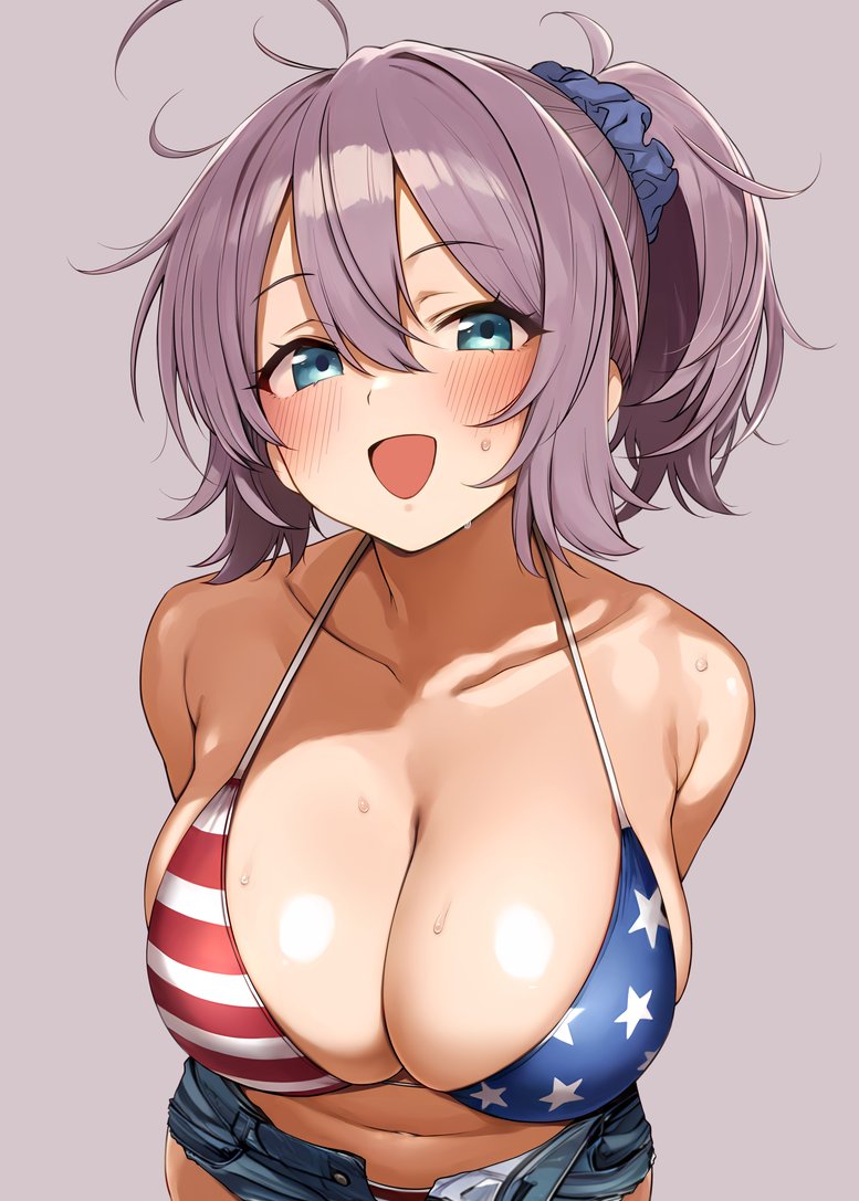 1girl ahoge american_flag american_flag_bikini american_flag_print aoba_(kancolle) arms_behind_back bare_shoulders bikini blue_eyes blue_scrunchie breasts brown_shorts cleavage collarbone denim denim_shorts double-parted_bangs flag_print grey_background grey_hair hair_between_eyes hair_ornament hair_scrunchie kantai_collection large_breasts leaning_forward looking_at_viewer navel open_mouth ponytail sawamura_aoi scrunchie shorts simple_background smile solo stomach sweat swimsuit upper_body