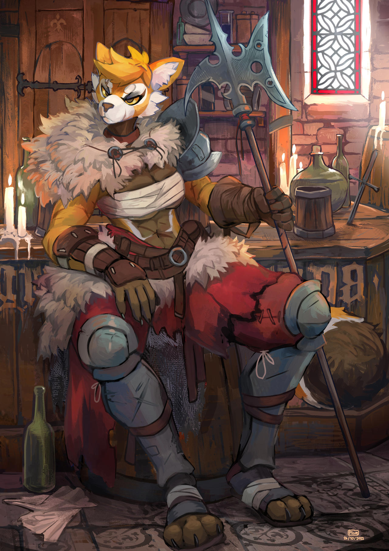 anthro armor barbarian bottle breasts candle canid canine cleavage clothed clothing container dungeons_and_dragons fantasy female fox fur glare gloves hair halberd handwear hasbro hi_res inside mammal melee_weapon midriff multicolored_body muscular orange_body orange_eyes orange_fur orange_hair plive polearm scar smile solo tavern two_tone_body weapon white_body wizards_of_the_coast