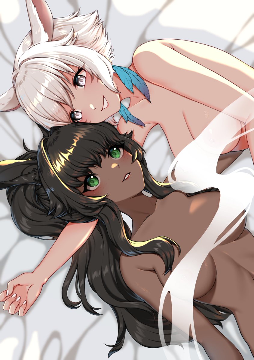 2girls animal_ears arm_pillow blush breasts cat_ears completely_nude convenient_censoring dark-skinned_female dark_skin final_fantasy final_fantasy_xiv freckles green_eyes highres large_breasts lipstick long_bangs long_hair looking_at_another lying makeup miqo'te multiple_girls nail_polish navel newmoonshira nude on_back on_bed on_side ponytail rabbit_ears short_hair smile steam steam_censor teeth upper_body very_long_hair viera warrior_of_light_(ff14) white_eyes white_hair y'shtola_rhul yuri
