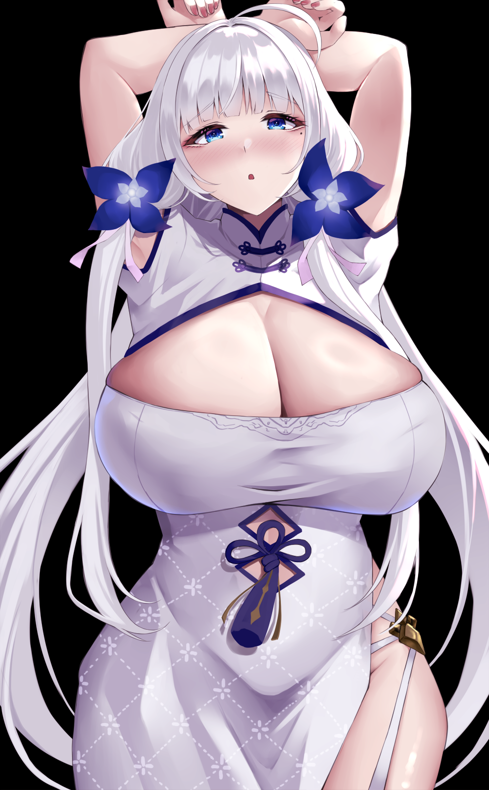 1girl :o arms_up azur_lane black_background blush breasts cleavage dress hair_ornament highres huge_breasts illustrious_(azur_lane) mole mole_under_eye open_mouth short_sleeves simple_background solo wee_(weeyy) white_dress white_hair
