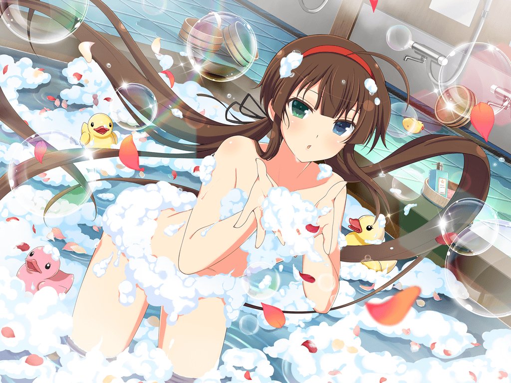 1girl :o ahoge basin bath bathhouse bathing bathroom black_ribbon blowing blue_eyes blush body_blush brown_hair bubble bubble_bath bubble_blowing bucket completely_nude convenient_censoring falling_petals flat_chest green_eyes hairband heterochromia holding holding_bubble indoors lens_flare light_particles long_hair looking_at_viewer low_twintails navel nude official_art open_mouth partially_submerged petals petals_on_liquid red_hairband ribbon rubber_duck ryoubi_(senran_kagura) senran_kagura senran_kagura_new_link senran_kagura_shinovi_versus shiny_skin soap soap_bottle soap_bubbles soap_censor soap_dispenser solo sparkle standing tile_floor tiles twintails very_long_hair water water_drop wet wooden_bucket yaegashi_nan