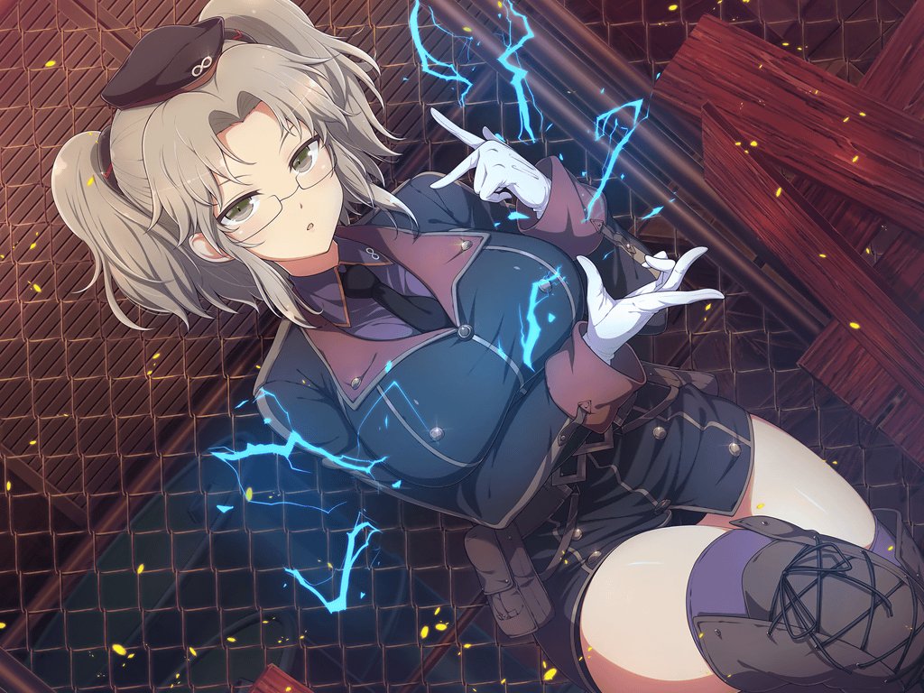 1girl :o belt belt_pouch bike_shorts black_necktie blush breasts buttons chain-link_fence cross-laced_footwear double-breasted electricity electrokinesis fence glasses gloves green_eyes hat hebijo_academy_uniform imu_(senran_kagura) infinity_symbol large_breasts light_brown_hair long_sleeves looking_at_viewer military_uniform necktie official_art parted_bangs plank pouch purple_shirt purple_thighhighs rimless_eyewear senran_kagura senran_kagura_new_link senran_kagura_shinovi_versus shirt short_hair solo thighhighs thighs twintails uniform white_gloves wood yaegashi_nan