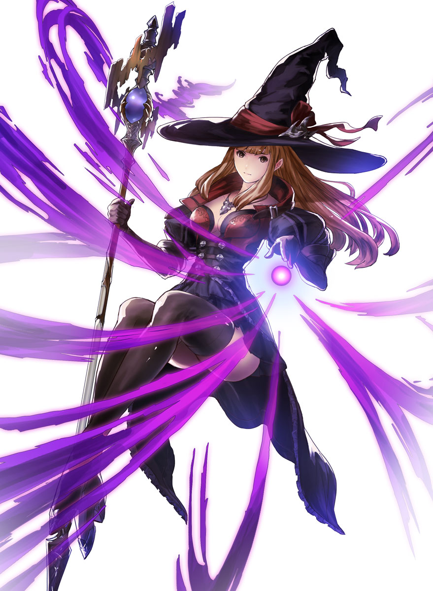 1girl blunt_bangs breasts brown_eyes brown_hair casting_spell cleavage closed_mouth collarbone elbow_gloves energy_ball fantasy floating full_body gloves hat high_heels highres holding holding_staff isono_wataru jewelry long_hair looking_at_viewer necklace original puffy_short_sleeves puffy_sleeves short_sleeves sidelocks solo staff thighhighs white_background witch witch_hat