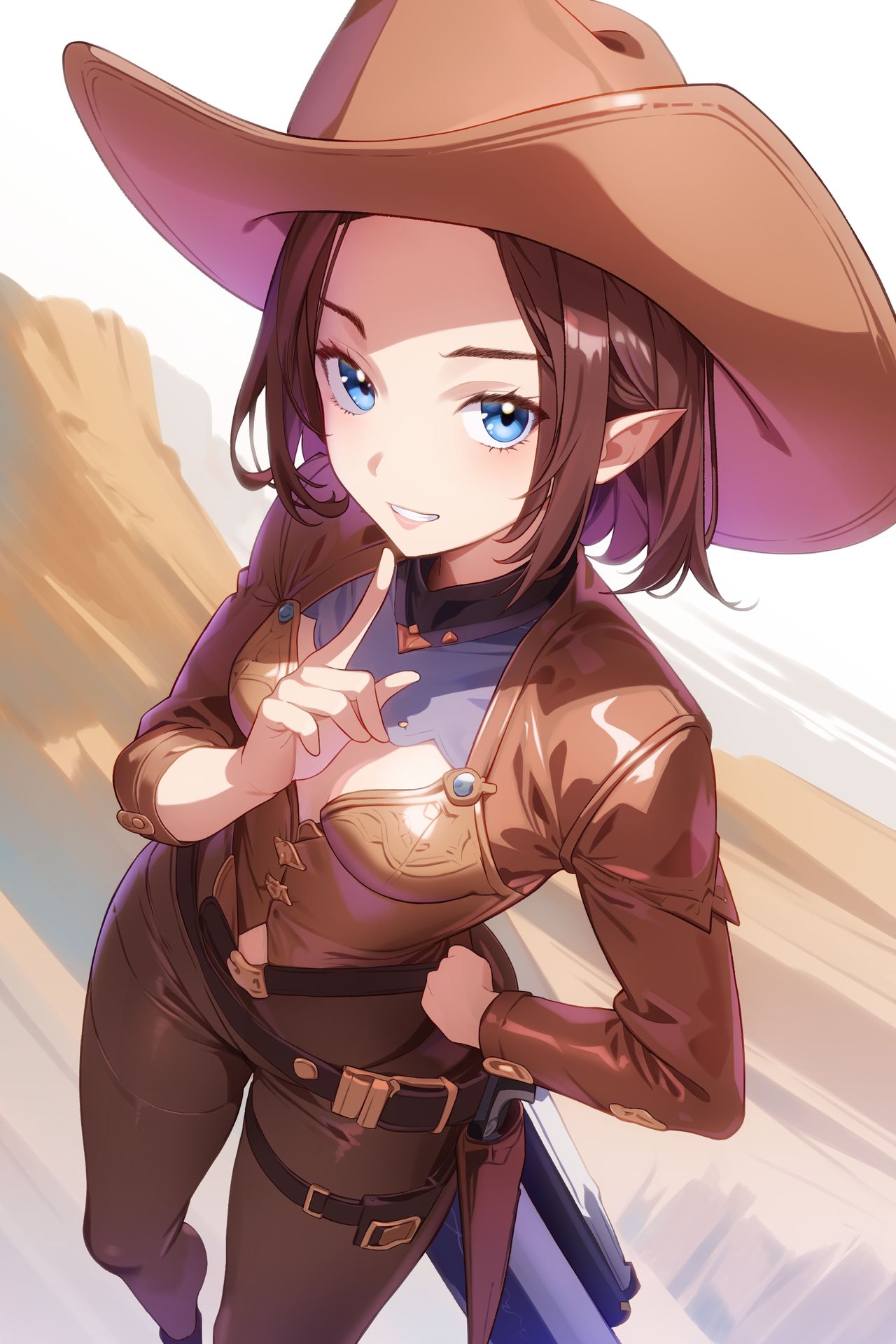 1girl belt blue_capelet blue_eyes breasts brown_hair brown_jacket brown_pants canyon capelet cleavage clothing_cutout commission cowboy_hat cowboy_western desert elezen elf feet_out_of_frame final_fantasy final_fantasy_xiv gun hand_on_own_hip hat highres holster jacket leather leather_jacket lipstick long_bangs makeup multiple_belts navel navel_cutout netarou_(shinra) pants pointing pointing_at_self pointing_up pointy_ears short_hair small_breasts solo thick_eyelashes warrior_of_light_(ff14) weapon