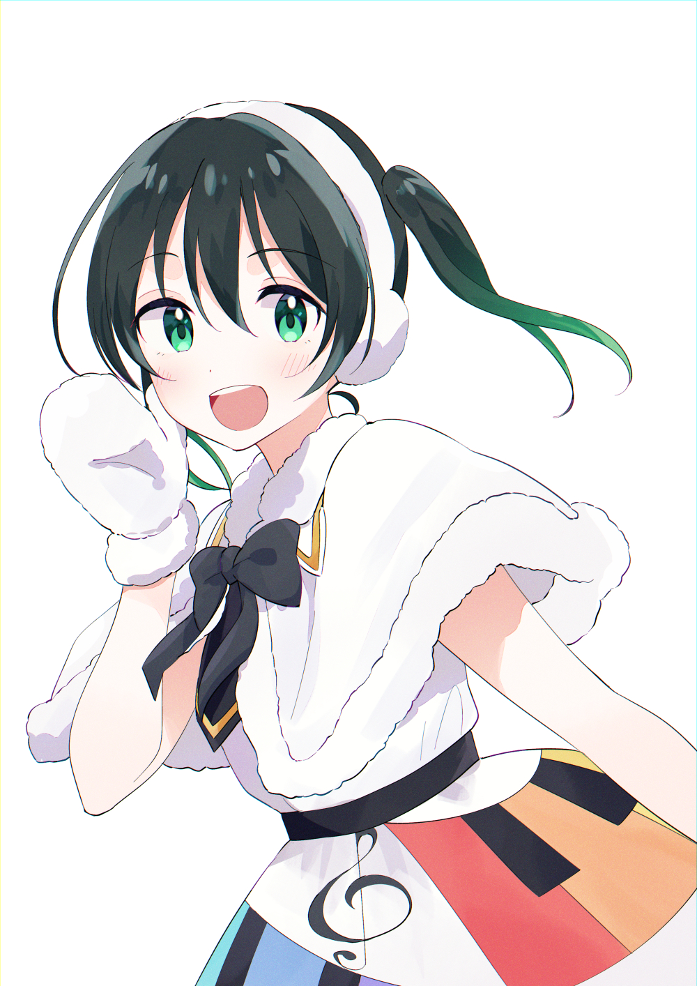 1girl black_bow blush bow capelet colorful_dreams!_colorful_smiles!_(love_live!) earmuffs gradient_hair green_eyes green_hair hair_between_eyes highres lone_nape_hair looking_at_viewer love_live! love_live!_nijigasaki_high_school_idol_club medium_hair mittens multicolored_hair musical_note musical_note_print open_mouth sidelocks solo standing takasaki_yuu teeth twintails upper_body upper_teeth_only watanabe_nako white_background white_capelet white_mittens