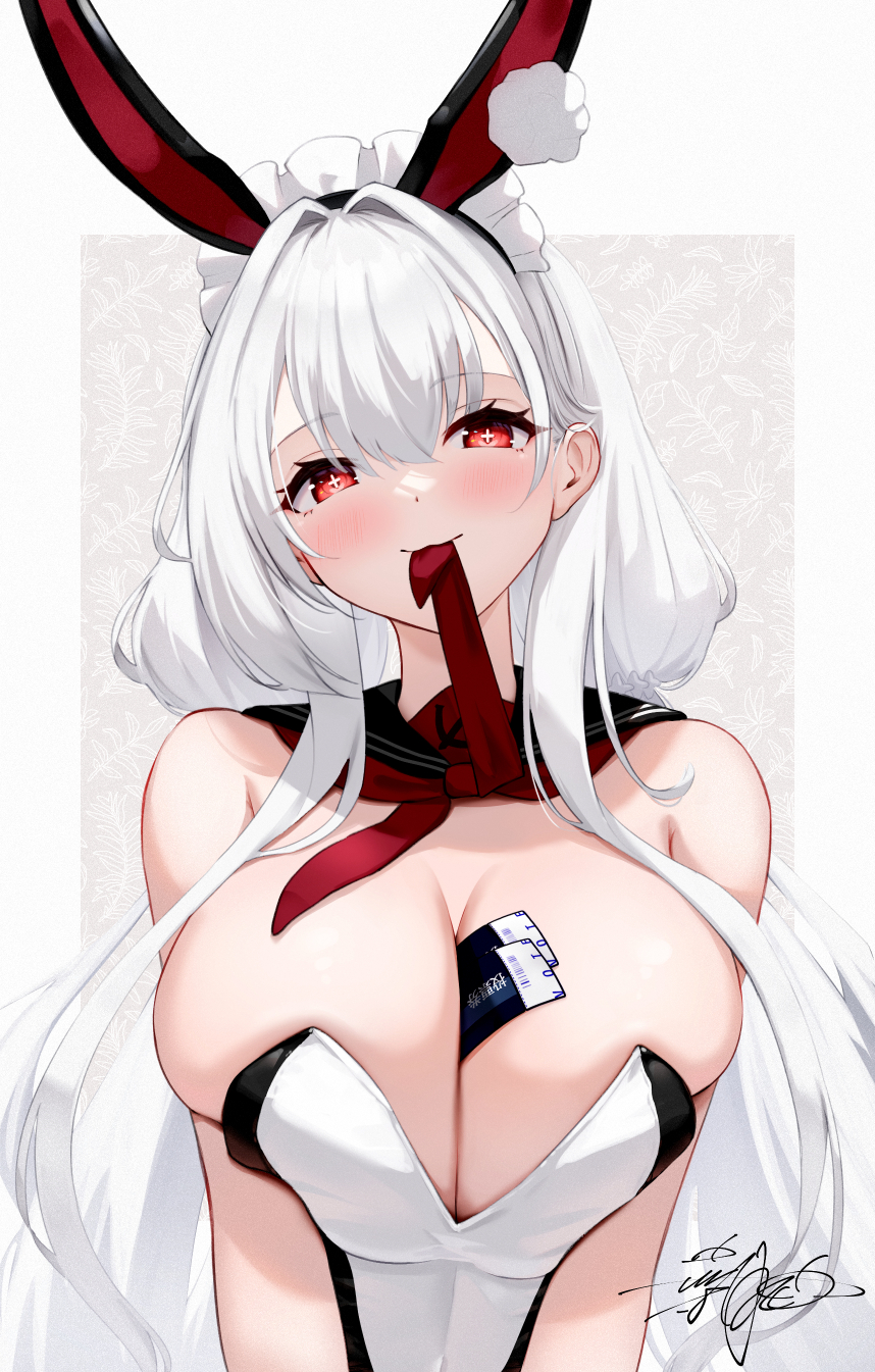 +_+ 1girl animal_ears azur_lane ballot_(azur_lane) bare_shoulders between_breasts black_sailor_collar blush border breasts cleavage cross-shaped_pupils fake_animal_ears highres large_breasts long_hair looking_at_viewer maid maid_headdress mouth_hold necktie necktie_in_mouth official_alternate_costume outside_border playboy_bunny rabbit_ears red_eyes red_necktie sailor_collar scylla_(azur_lane) shionootsu signature solo symbol-shaped_pupils upper_body white_border white_hair