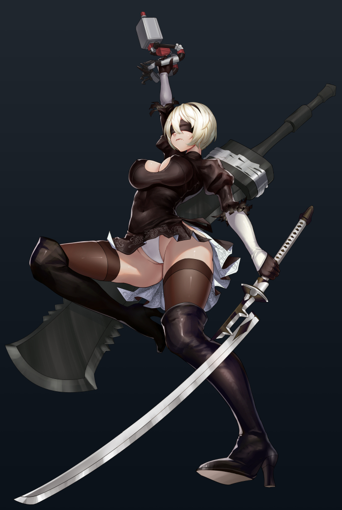 black_blindfold black_dress black_hairband black_legwear blindfold boots breasts cleavage cleavage_cutout commentary_request covered_navel covered_nipples dress elbow_gloves feather-trimmed_sleeves full_body gloves groin hairband high_heel_boots high_heels holding holding_sword holding_weapon juliet_sleeves large_breasts leotard long_sleeves md5_mismatch mole mole_under_mouth nier_(series) nier_automata niur pod_(nier_automata) puffy_sleeves short_hair silver_hair simple_background skin_tight solo sword thigh_boots thighhighs weapon white_leotard yorha_no._2_type_b
