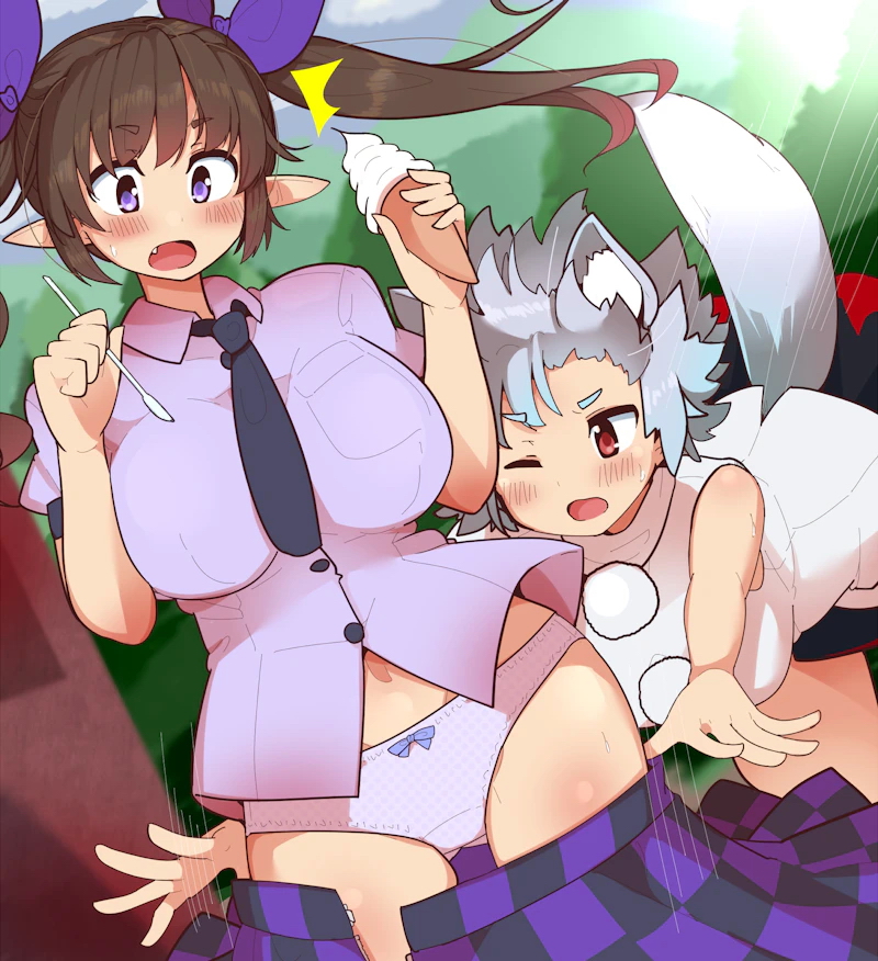 2girls ^^^ accidental_exposure animal_ears assisted_exposure black_necktie black_skirt blush bow bow_panties breasts brown_hair checkered_clothes checkered_skirt clothes_pull collared_shirt commentary_request commission cowboy_shot day dutch_angle fang food grey_hair hair_bow himekaidou_hatate himeshita_johnny_mafuyu holding holding_food holding_ice_cream holding_ice_cream_cone holding_spoon ice_cream ice_cream_cone ice_cream_spoon inubashiri_momiji large_breasts long_hair motion_lines multiple_girls necktie no_headwear one_eye_closed open_mouth outdoors panties pointy_ears pom_pom_(clothes) purple_bow purple_eyes purple_panties purple_shirt purple_skirt red_eyes red_skirt shirt short_hair short_sleeves sidelocks skeb_commission skirt skirt_pull sleeveless sleeveless_shirt sleeveless_turtleneck spoon surprised sweatdrop tail thick_eyebrows touhou turtleneck twintails two-tone_skirt underwear white_shirt wolf_ears wolf_tail
