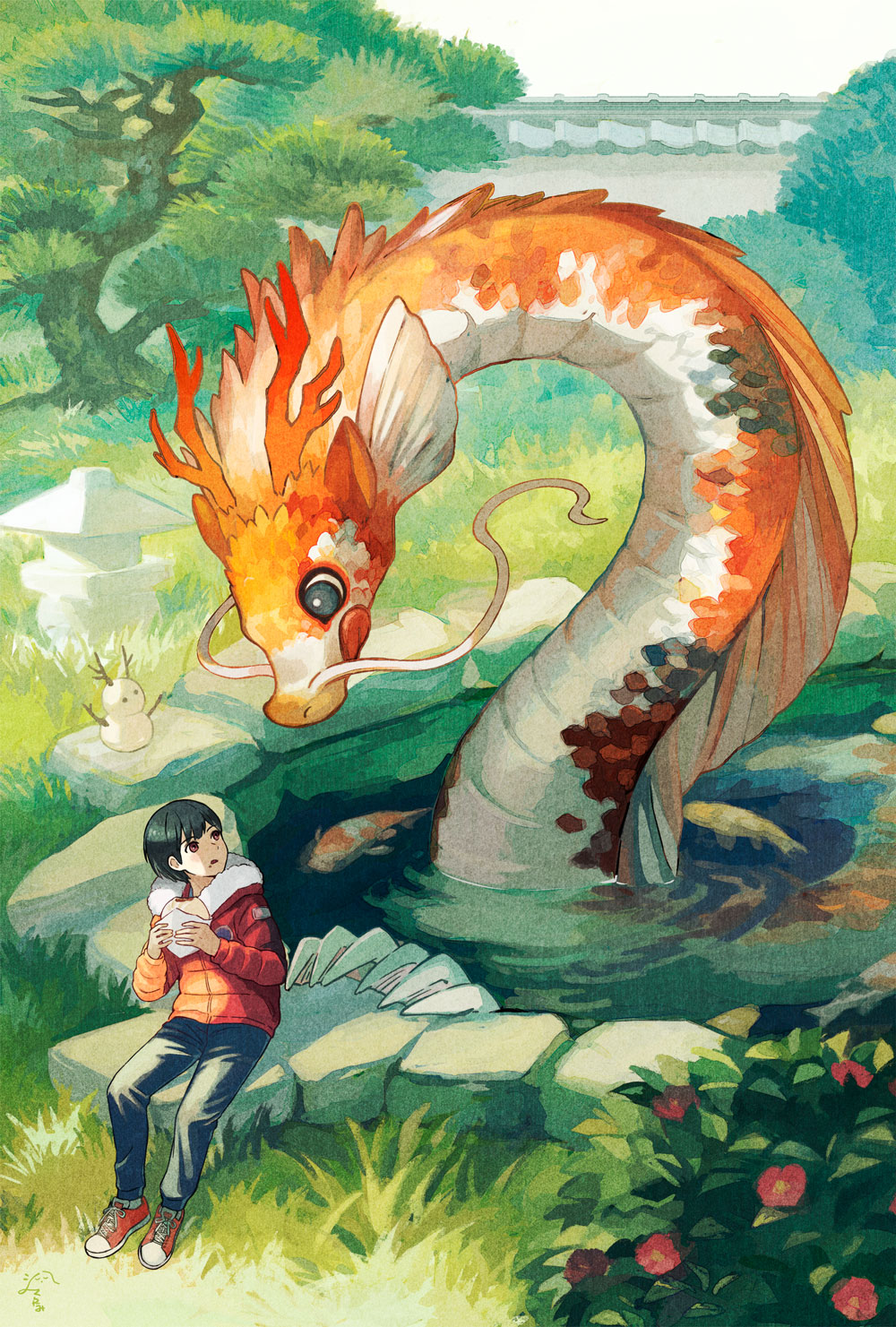 1boy antlers black_eyes black_hair blue_pants bush day dragon eastern_dragon eating fins fish food from_above fur-trimmed_hood fur-trimmed_jacket fur_trim grass head_fins highres holding holding_food hood horns jacket koi licking_lips long_sleeves open_mouth original outdoors pants pond red_eyes red_footwear red_jacket rock scales shoes short_hair sitting sneakers snowman tami_yagi tongue tongue_out tree water