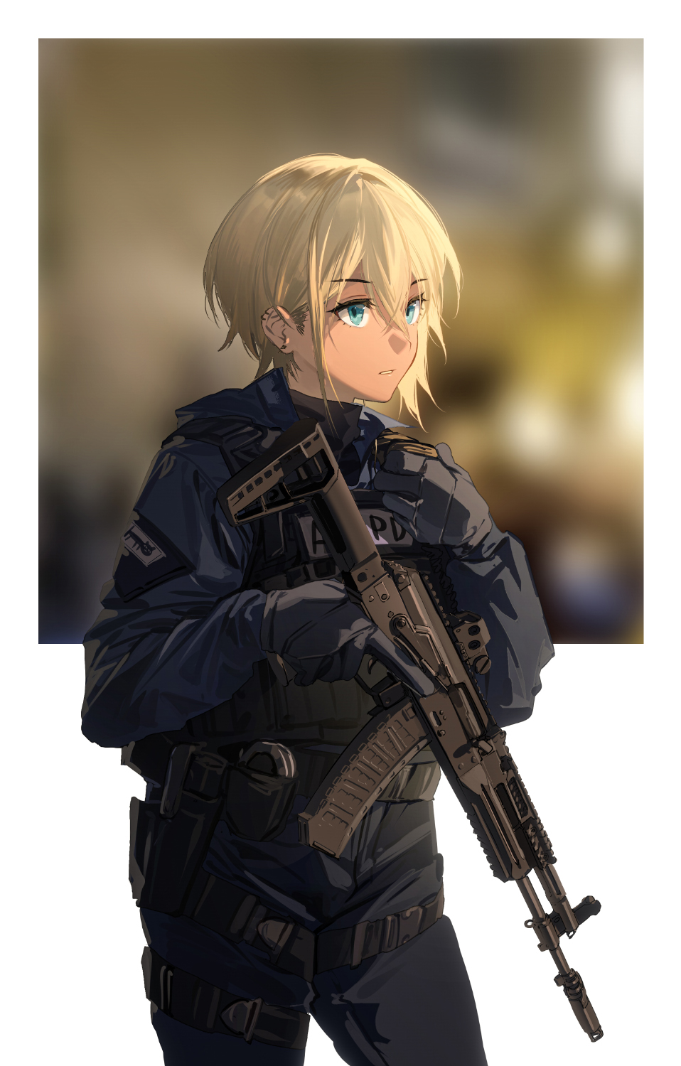 1girl ak-12 assault_rifle black_gloves black_pants blonde_hair blue_eyes cowboy_shot ear_piercing earrings gloves gun highres holding holding_gun holding_weapon jewelry kalashnikov_rifle original pants parted_lips piercing rff_(3_percent) rifle scope short_hair solo tactical_clothes trigger_discipline weapon