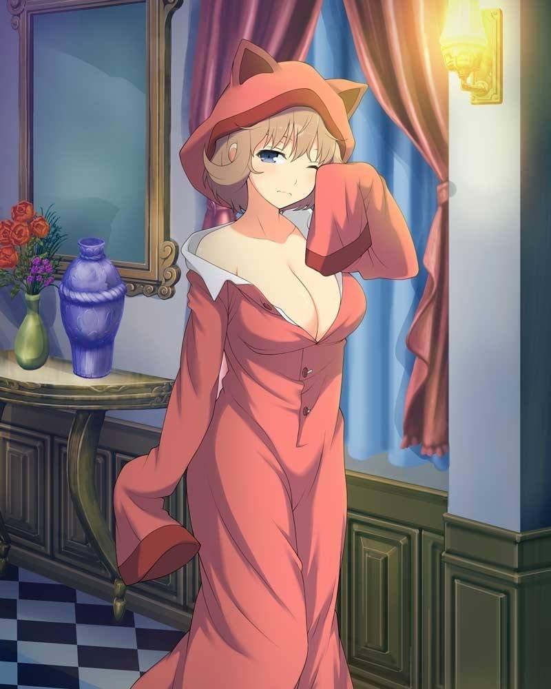 1girl animal_hood blue_curtains blue_eyes blush breasts brown_hair cat_hood cleavage closed_mouth collarbone flower hair_between_eyes hood indoors kurohoro_(senran_kagura) lamp large_breasts long_sleeves looking_at_viewer mirror official_art one_eye_closed pajamas plant purple_flower red_curtains red_flower red_pajamas red_rose rose rubbing_eyes senran_kagura senran_kagura_new_wave sleepwear sleepy sleeves_past_wrists solo standing table tile_floor tiles vase wooden_table yaegashi_nan