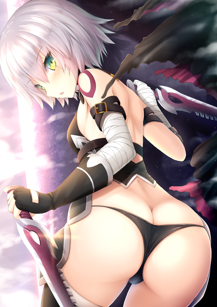 ass bandaged_arm bandages black_gloves black_legwear black_panties breasts cowboy_shot dual_wielding facial_scar fate/apocrypha fate/grand_order fate_(series) fingerless_gloves from_behind gloves green_eyes holding holding_knife jack_the_ripper_(fate/apocrypha) knife looking_back panties parted_lips partly_fingerless_gloves reverse_grip scar scar_across_eye scar_on_cheek short_hair shoulder_tattoo single_glove small_breasts solo taiki_ken tattoo thighhighs underwear white_hair