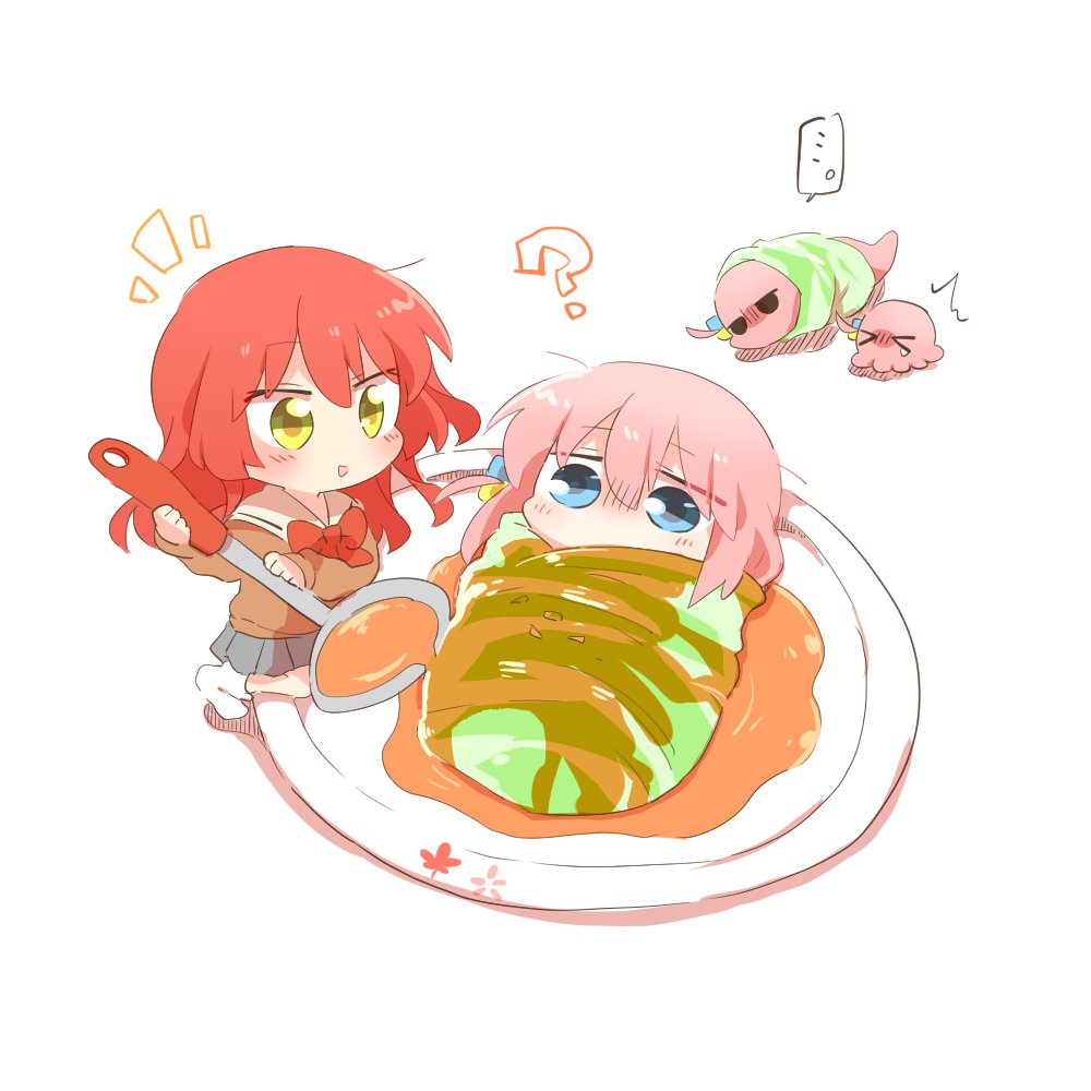 2girls ? blue_eyes blush bocchi_the_rock! bow bowtie brown_sweater cabbage chibi chibi_only food gotoh_hitori gotoh_hitori_(octopus) gotoh_hitori_(tsuchinoko) grey_skirt hair_between_eyes holding holding_ladle in_food kita_ikuyo ladle long_hair looking_at_another looking_at_viewer mini_person minigirl multiple_girls open_mouth pink_hair plate pleated_skirt rebecca_(keinelove) red_bow red_bowtie red_hair sailor_collar sauce simple_background skirt socks sweater white_background white_sailor_collar white_socks wrapped_up yellow_eyes