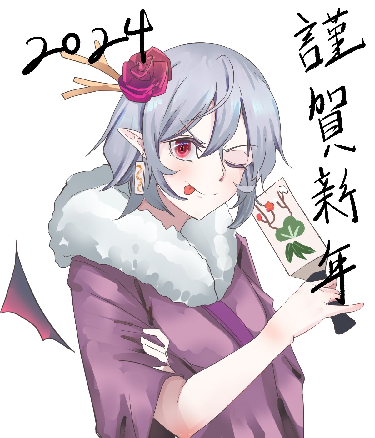 1girl 2024 ;p bat_wings earrings flower fur_trim grey_hair hagoita hair_flower hair_ornament highres jewelry kanaria_(bocmn) looking_at_viewer one_eye_closed paddle pointy_ears red_eyes remilia_scarlet short_hair simple_background solo tongue tongue_out touhou translation_request upper_body white_background wings