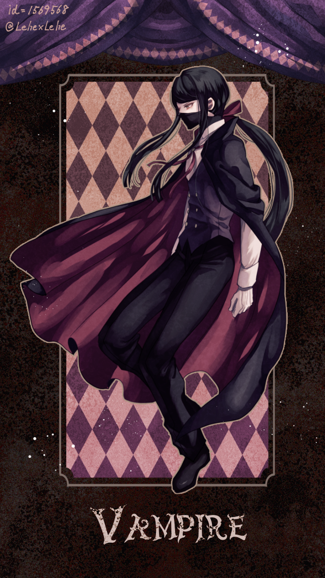 1boy black_cape black_footwear black_mask black_pants cape danganronpa_(series) danganronpa_v3:_killing_harmony green_hair long_hair long_sleeves mask mouth_mask multicolored_cape multicolored_clothes orange_eyes pants pixiv_id red_cape shinguji_korekiyo shoes solo twitter_username vampire vampire_costume vest z-epto_(chat-noir86)