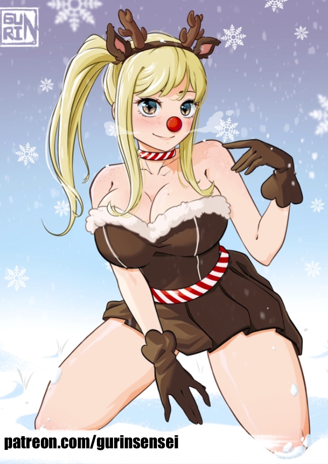 1girl alternate_costume animal_costume antlers bare_arms bare_shoulders between_legs blonde_hair blush breasts breath brown_dress brown_eyes brown_gloves choker christmas cleavage closed_mouth collarbone commentary dress english_commentary eyelashes fairy_tail fake_antlers gloves gurinsensei hand_between_legs horns kneeling large_breasts lips long_hair looking_at_viewer lucy_heartfilia pleated_dress ponytail red_nose reindeer_antlers reindeer_costume shiny_skin short_dress sidelocks smile snowflakes snowing solo strapless strapless_dress swept_bangs thighs winter