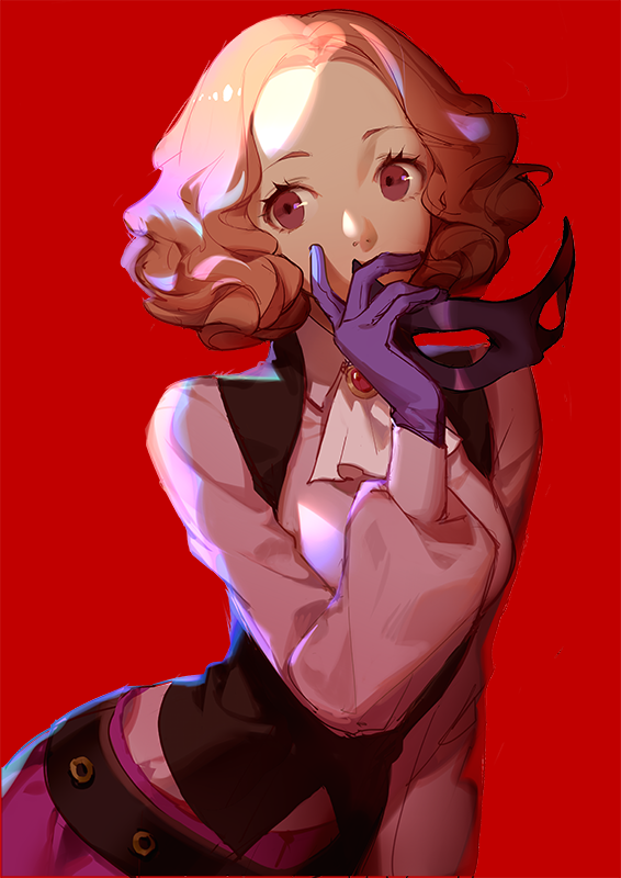 1girl ascot ask_(askzy) belt black_vest breasts curly_hair forehead gloves hand_up holding holding_mask light_brown_hair mask medium_breasts okumura_haru persona persona_5 puffy_sleeves purple_eyes purple_gloves red_background shirt simple_background solo upper_body vest white_ascot