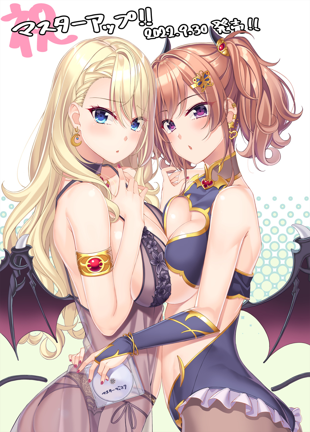 2girls armlet ass blonde_hair blue_eyes breast_press breasts bridal_gauntlets brown_hair butterfly_earrings butterfly_hair_ornament chestnut_mouth cleavage_cutout clothing_cutout crescent crescent_earrings demon_girl demon_horns demon_wings dvd_(object) dvd_case earrings frilled_leotard frills from_side frontless_outfit garter_belt gem hair_ornament hairclip hand_on_another's_chest hand_on_another's_hip hand_on_own_chest heart heart-shaped_gem heart_cutout heart_earrings highres holding holding_cd horns jewelry kouzu_yuuri large_breasts leotard long_hair looking_at_viewer multiple_girls nail_polish official_art purple_eyes red_gemstone red_nails release_date revealing_clothes see-through see-through_chemise takanashi_marin twintails underboob underwear underwear_only wings yamakaze_ran yuuri_to_marin_wa_iyashite_agetai