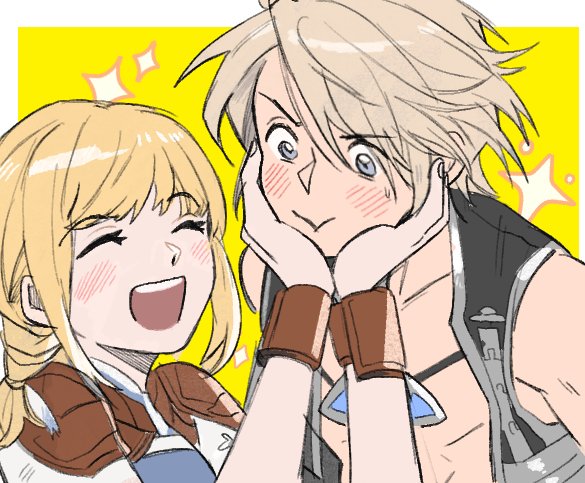 1boy 1girl blonde_hair blue_eyes blush closed_eyes closed_mouth embarrassed final_fantasy final_fantasy_xii garbage_paper hands_on_another's_face happy korean_commentary open_clothes open_mouth open_shirt penelo smile sparkle squishing teeth upper_teeth_only vaan wrist_cuffs yellow_background