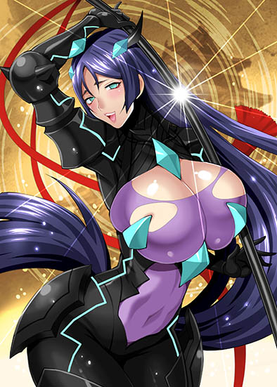 1girl armor black_armor black_bodysuit black_eyes black_eyeshadow black_horns bodysuit breasts cleavage cosplay curvy dark_persona eyeshadow fate/grand_order fate_(series) horns huge_breasts large_breasts long_hair low_ponytail makeup minamoto_no_raikou_(fate) naughty_face purple_bodysuit purple_hair rider_(fate/samurai_remnant) rider_(fate/samurai_remnant)_(cosplay) sheath unsheathing very_long_hair yukiyanagi