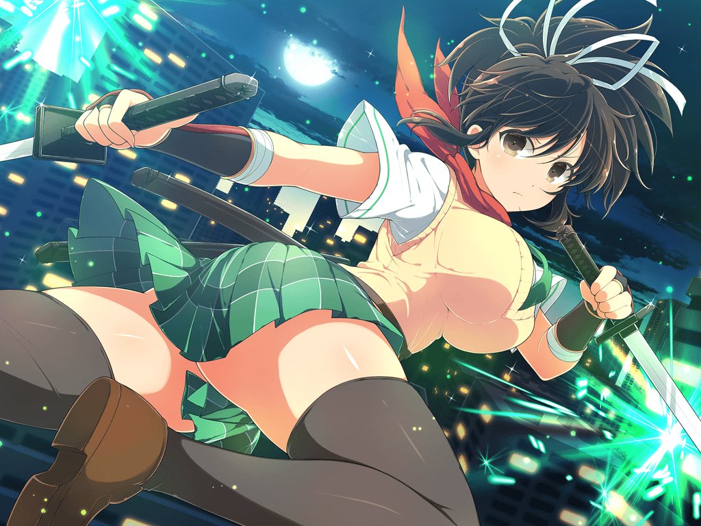 1girl armor ass asuka_(senran_kagura) bandaged_arm bandages belt black_hair black_thighhighs blush breasts bridal_gauntlets brown_belt brown_eyes brown_footwear building city city_lights cityscape cloud dual_wielding energy full_moon gradient_sky green_necktie green_skirt hair_ribbon hanzou_academy_uniform holding japanese_armor kote large_breasts lens_flare light_particles loafers looking_at_viewer midair miniskirt moon moonlight necktie night night_sky official_art outdoors plaid plaid_skirt pleated_skirt ponytail red_scarf reverse_grip ribbon rooftop scabbard scarf school_uniform senran_kagura senran_kagura_new_link senran_kagura_shoujo-tachi_no_shin'ei sheath shiny_skin shirt shoes short_hair short_ponytail short_sleeves short_sword skirt sky skyline skyscraper solo sparkle star_(sky) starry_sky sweater_vest sword thighhighs tsuba_(guard) tsuka-ito unsheathed wakizashi weapon white_ribbon white_shirt yaegashi_nan