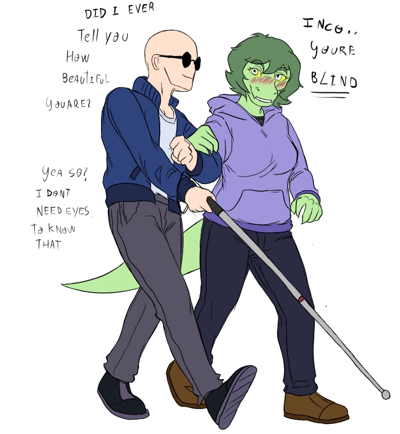 2024 5_fingers alternate_universe anthro bald baryonyx blind blush cavemanon_studios clothing digital_drawing_(artwork) digital_media_(artwork) dinosaur disability duo english_text eyelashes eyewear female fingers green_body green_hair green_scales grey_eyes hair hoodie human i_wani_hug_that_gator inco_(iwhtg) jacket light-skinned_male light_body light_skin long_tail male male/female mammal olivia_halford prometheuzone reptile role_reversal scales scalie simple_background spinosaurid sunglasses tail text theropod topwear walking_cane white_background yellow_sclera