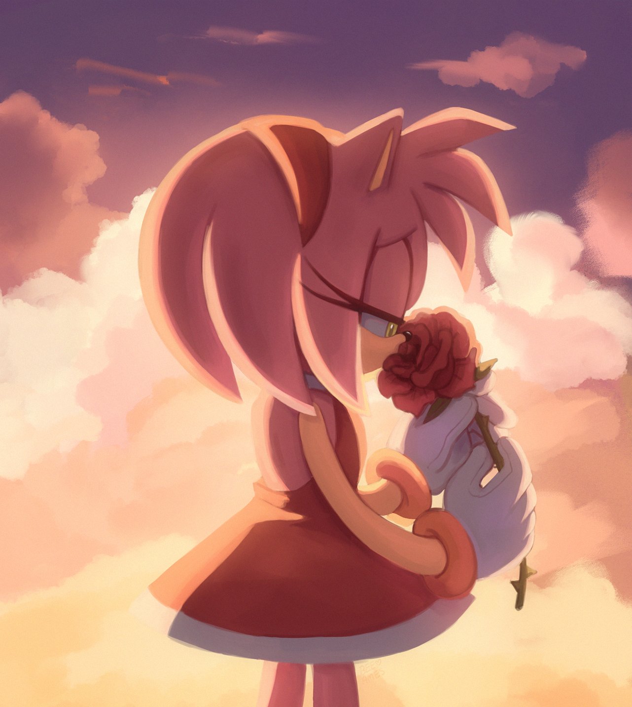 1girl ame_(beeames) amy_rose bracelet cloud cloudy_sky cowboy_shot dress eyelashes flower furry furry_female gloves gold_bracelet green_eyes hairband hands_up hedgehog_girl highres holding holding_flower jewelry profile red_dress red_flower red_hairband red_rose rose short_dress sky sleeveless sleeveless_dress smelling_flower solo sonic_(series) standing sunset white_gloves