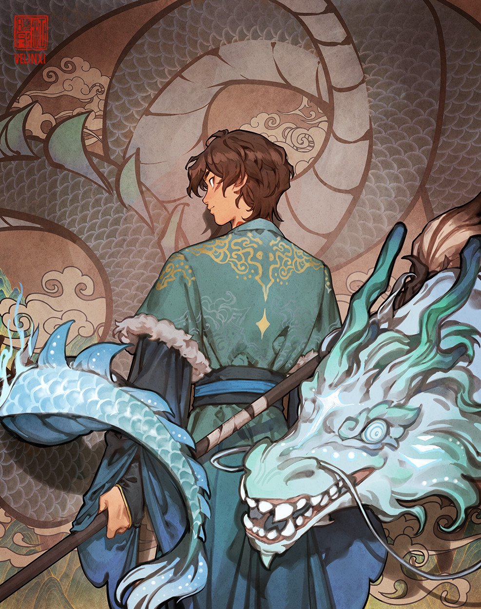 1boy brown_hair chinese_clothes chinese_zodiac dragon eastern_dragon embroidered from_behind highres holding holding_staff looking_at_viewer looking_back original sash seal_impression staff standing velinxi year_of_the_dragon