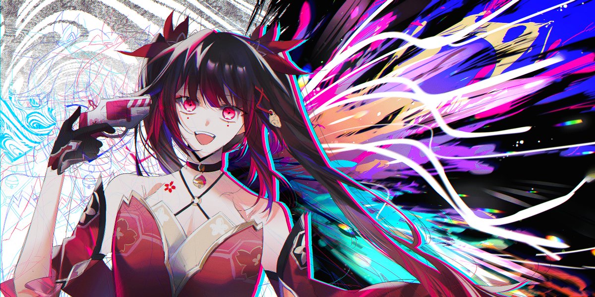 1girl :d bare_shoulders bell black_choker black_gloves bow breasts brown_hair choker cleavage colorful criss-cross_halter dress gloves gradient_hair gun gun_to_head hair_bow halterneck holding holding_gun holding_weapon honkai:_star_rail honkai_(series) large_breasts leaning_to_the_side long_bangs long_hair looking_at_viewer mento_(wgtn1709) multicolored_hair neck_bell o-ring open_mouth pink_eyes red_bow red_dress red_hair revolver sidelocks sleeveless sleeveless_dress smile snubnosed_revolver solo sparkle_(honkai:_star_rail) teeth twintails upper_body upper_teeth_only weapon