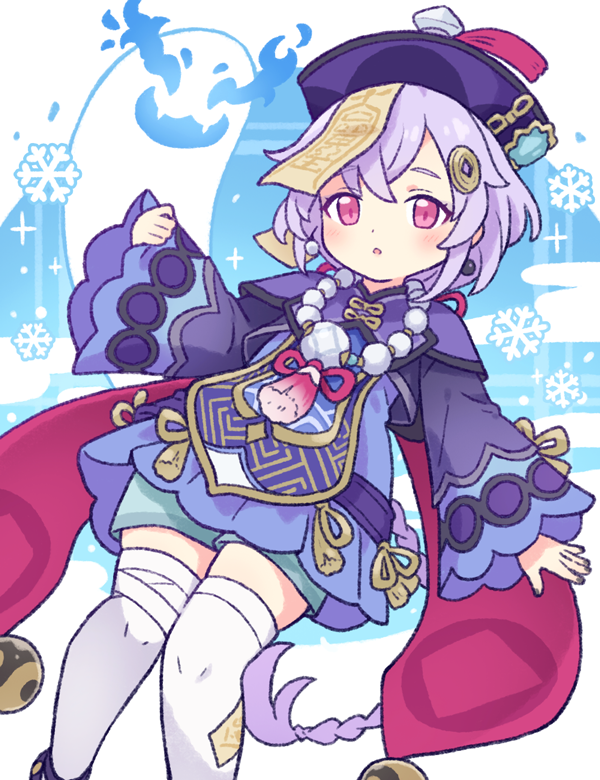 1girl blue_shorts braid coin_hair_ornament commentary feet_out_of_frame genshin_impact hair_ornament hat jiangshi long_hair long_sleeves looking_at_viewer ofuda ofuda_on_head onyhakase open_mouth purple_eyes purple_hair qingdai_guanmao qiqi_(genshin_impact) shorts solo thighhighs very_long_hair white_thighhighs