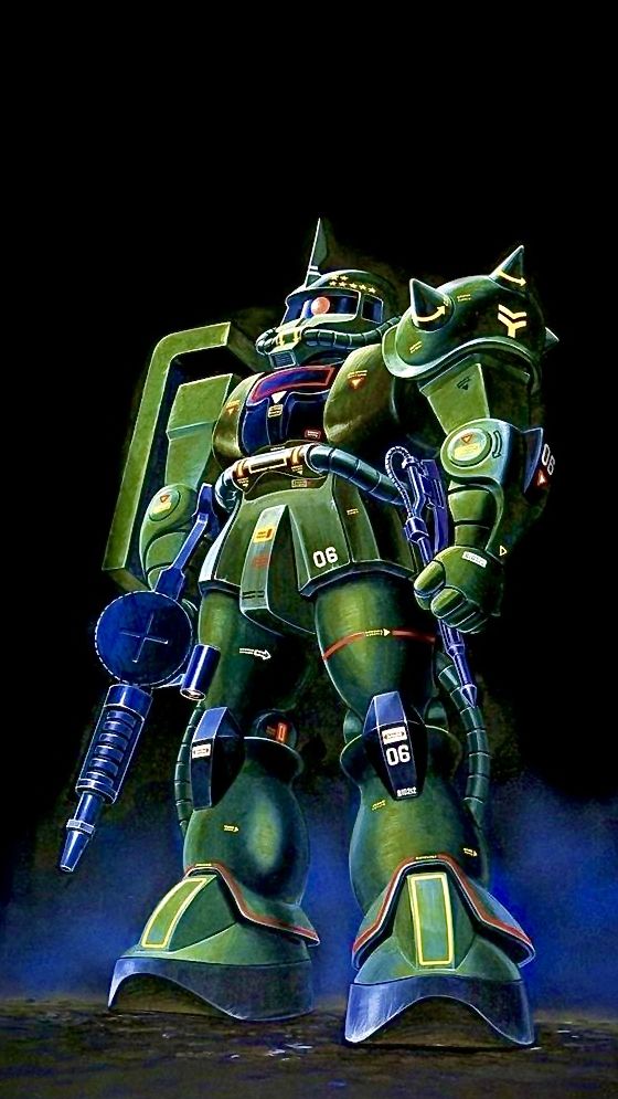 1970s_(style) concept_art gun gundam heat_hawk insignia machine_gun machinery mecha mobile_suit mobile_suit_gundam no_humans official_art one-eyed ookawara_kunio painting_(medium) production_art promotional_art realistic retro_artstyle robot scan shield shoulder_spikes spikes traditional_media weapon zaku_ii