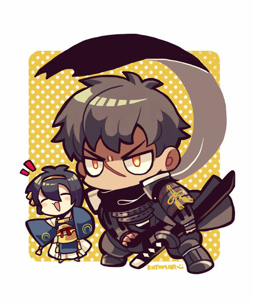 2boys armor black_hair blue_kimono border chibi chibi_only doudanuki_masakuni full_body hair_between_eyes japanese_armor japanese_clothes kimono kotorai male_focus mikazuki_munechika multiple_boys no_mouth open_mouth orange_eyes scar scar_on_face shaded_face short_hair signature sweatdrop sword tassel touken_ranbu v-shaped_eyebrows weapon white_border wide_sleeves