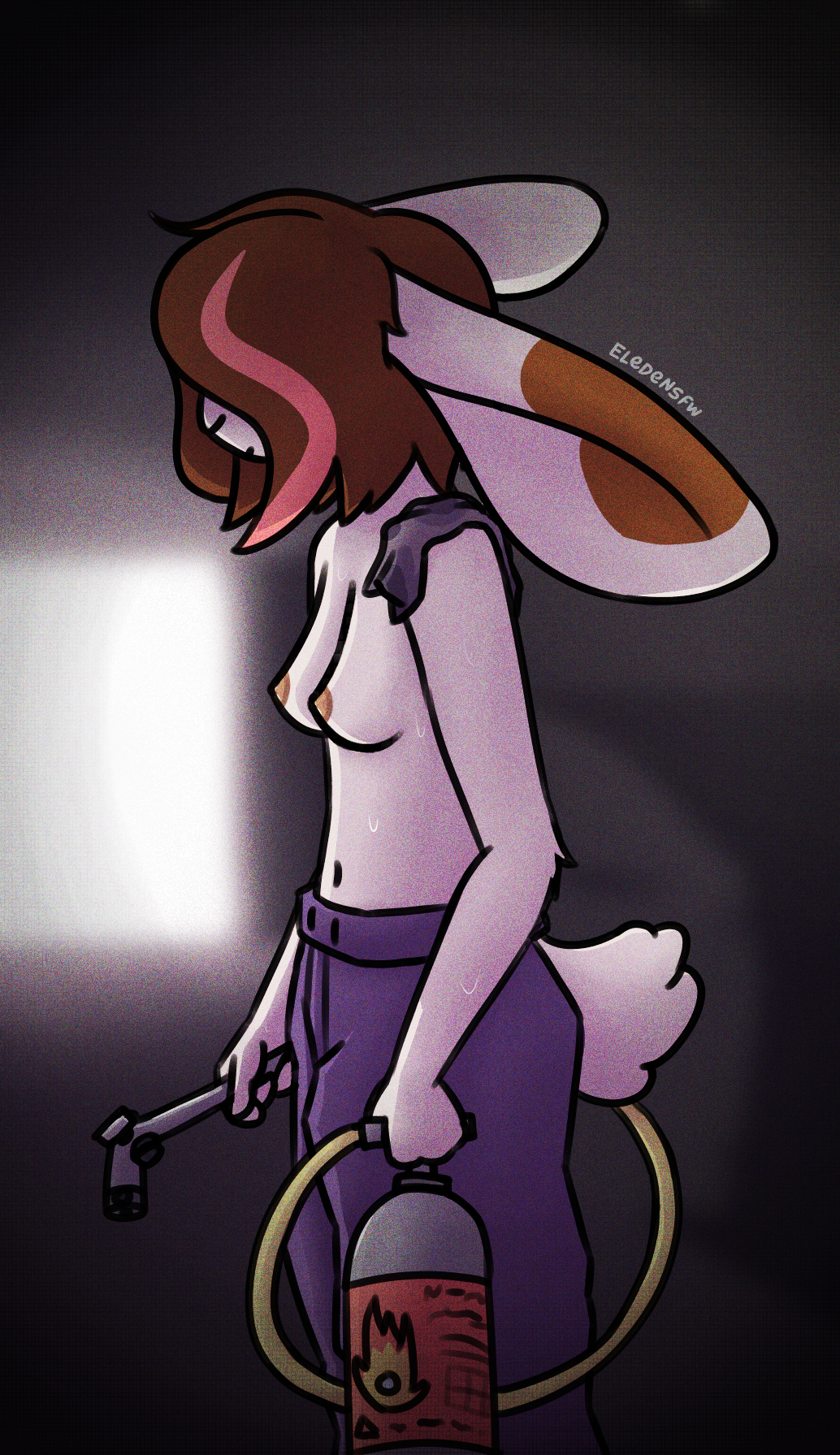anthro backlighting big_ears bodily_fluids bottomwear breasts brown_hair clothing covered_eyes dark_background depth_of_field eledensfw female fur garage hair hi_res lagomorph leporid light lighting mammal nipples pants rabbit serious short_hair side_view small_breasts small_tail solo standing sweat tail tools torch white_body white_fur working