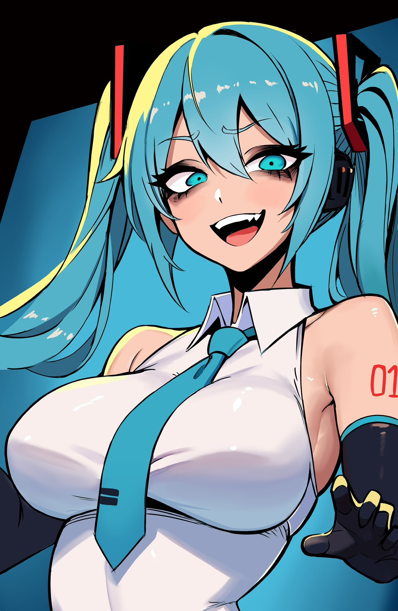 1girl ai-assisted aqua_eyes aqua_hair armpits bags_under_eyes black_eyeliner black_eyeshadow black_gloves blue_eyes blue_hair blue_necktie breasts commentary elbow_gloves eyelashes eyeliner eyeshadow fang from_side gloves hair_between_eyes hatsune_miku highres large_breasts long_hair looking_at_viewer makeup nagainegi necktie open_mouth shirt sleeveless sleeveless_shirt smile solo twintails vocaloid white_shirt