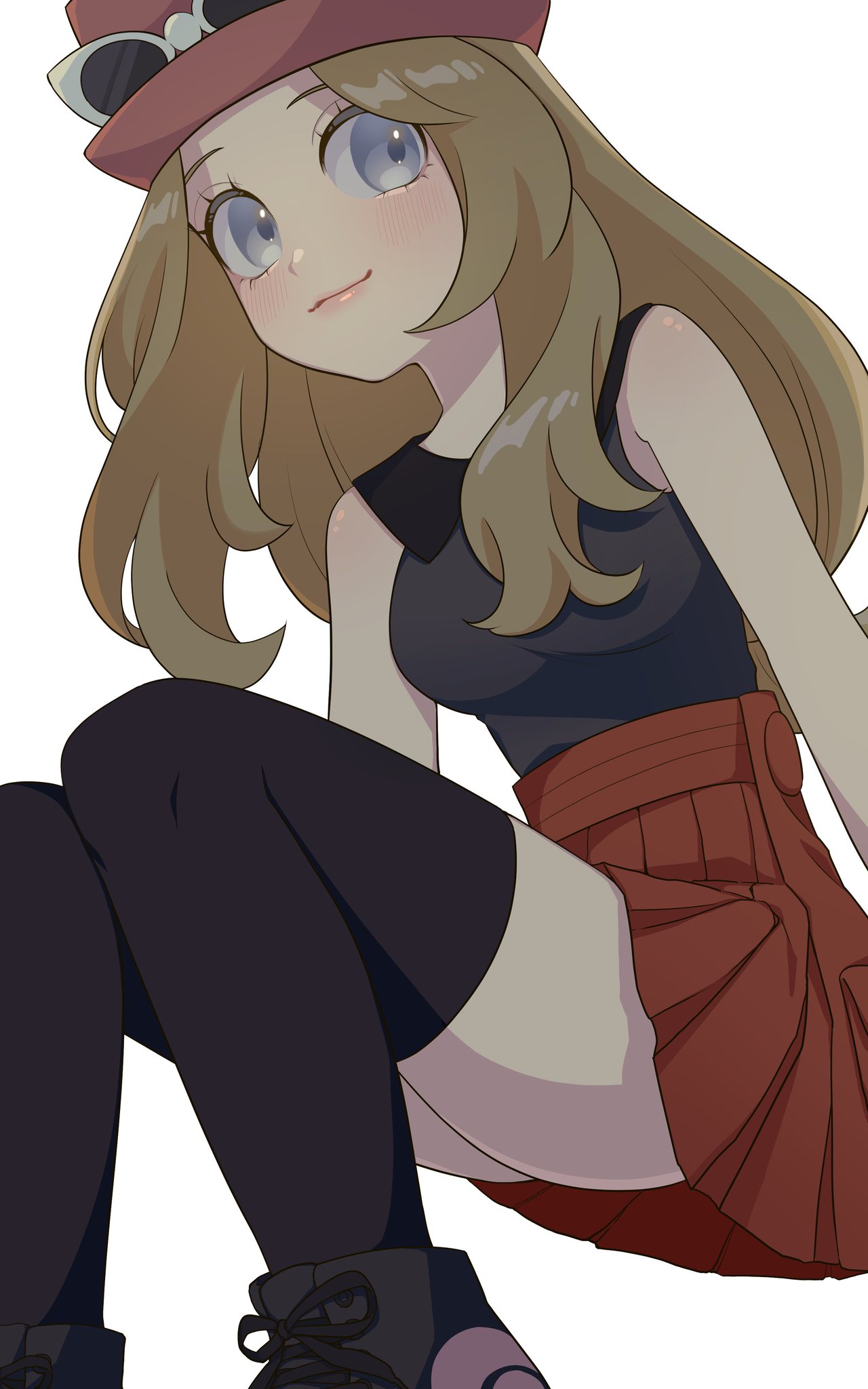 1girl black_thighhighs breasts brown_hair closed_mouth collared_shirt commentary_request eyelashes eyewear_on_headwear grey_eyes hana_e_(ka_e0128) hat highres long_hair pleated_skirt pokemon pokemon_xy red_skirt serena_(pokemon) shirt shoes skirt sleeveless sleeveless_shirt smile sneakers solo sunglasses thighhighs thighs white_background