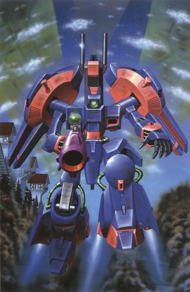 1980s_(style) aiming aiming_at_viewer beam_cannon beam_rifle cable cloud concept_art energy_gun flying gaza-d gundam gundam_zz house ishibashi_ken'ichi machinery mecha mobile_suit neo_zeon no_humans official_art one-eyed painting_(medium) retro_artstyle robot scan science_fiction space_station spacecraft_interior traditional_media vernier_thrusters weapon