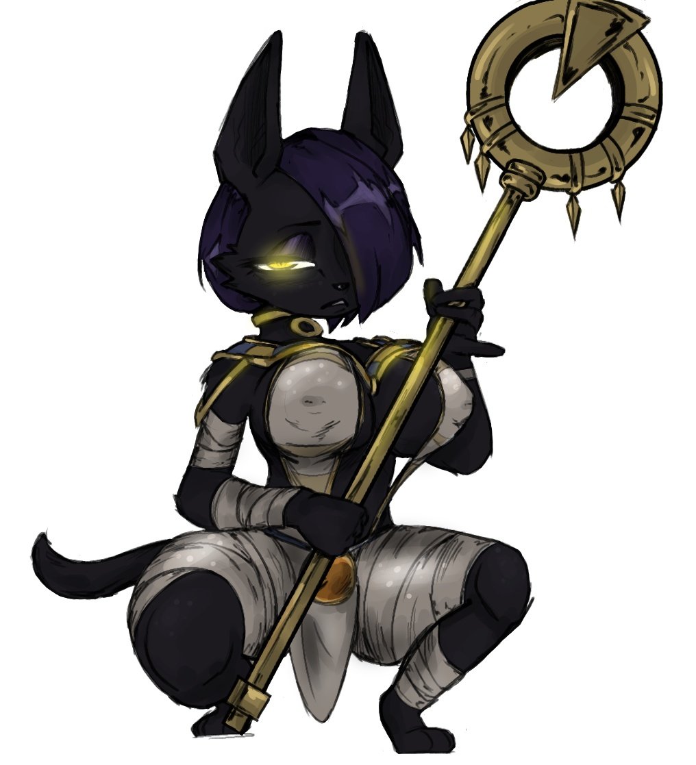anthro big_breasts breasts clothed clothing felid feline female glowing glowing_eyes holding_object holding_staff in_heat_(game) mammal nile_(in_heat) solo staff stormkinght yellow_eyes
