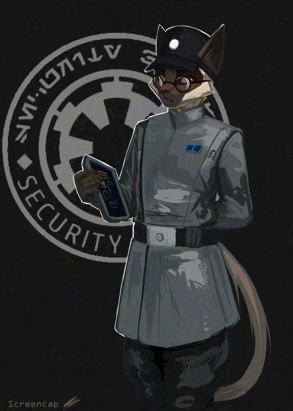 2024 adversarial_noise anthro clothed clothing digital_media_(artwork) digital_painting_(artwork) domestic_cat eyewear felid feline felis fur glasses hair hi_res imperial_officer male mammal screencap_(artist) seri_(screencap) siamese signature simple_background solo star_wars tablet tablet_computer tail uniform