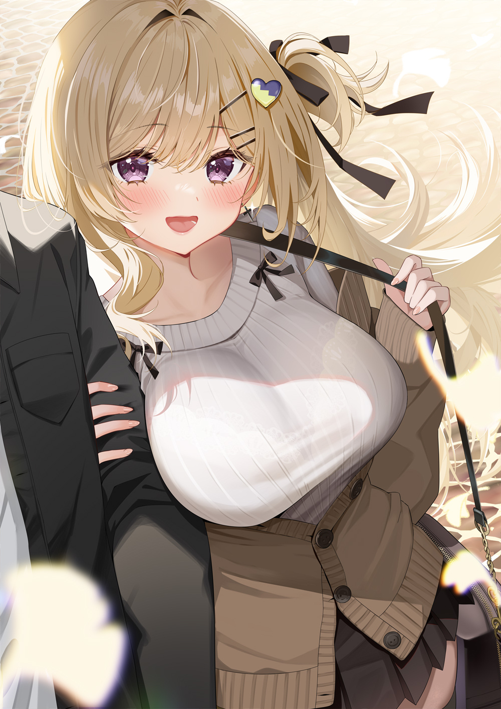 1girl arm_hug bag black_jacket black_ribbon black_skirt black_thighhighs blonde_hair blush breasts brown_cardigan cardigan cobblestone collarbone hair_intakes hair_ornament hair_ribbon hairclip handbag heart heart_hair_ornament highres jacket large_breasts long_hair open_clothes open_jacket open_mouth original partially_unbuttoned piyopoyo pleated_skirt purple_eyes ribbed_sweater ribbon side_ponytail skirt sweater thighhighs white_sweater