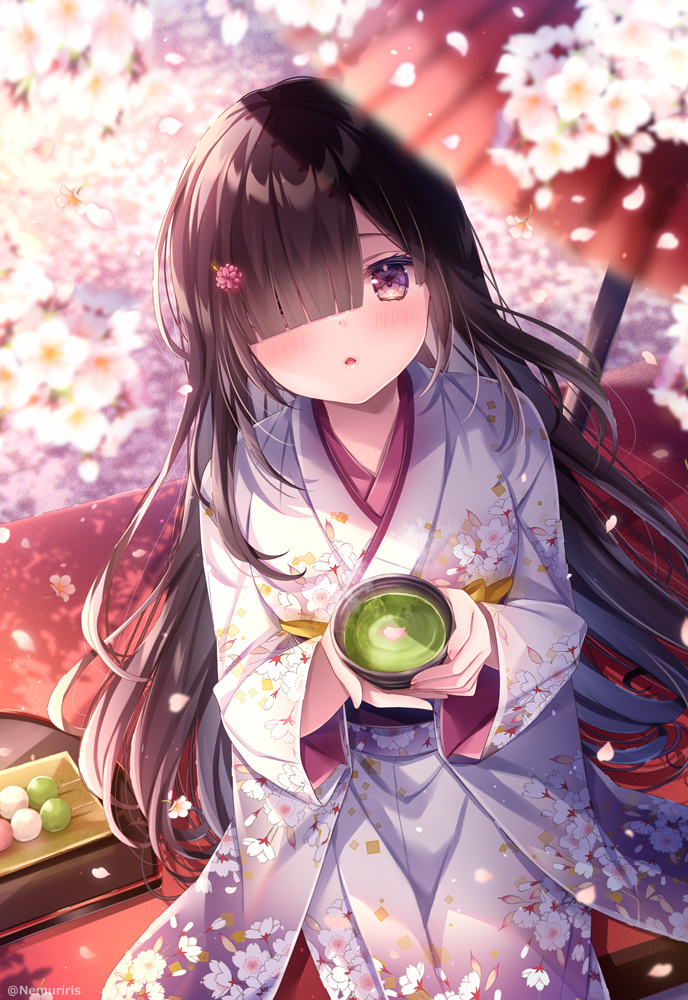 1girl black_hair blurry blurry_foreground blush commentary_request cup dango depth_of_field floral_print flower food gradient_kimono grey_kimono hair_flower hair_ornament hair_over_one_eye hairclip holding holding_cup japanese_clothes kimono long_hair long_sleeves looking_at_viewer nemuri_nemu obi oil-paper_umbrella original parted_lips pink_flower print_kimono purple_eyes red_umbrella sanshoku_dango sash sitting solo twitter_username umbrella very_long_hair wagashi white_flower white_kimono wide_sleeves