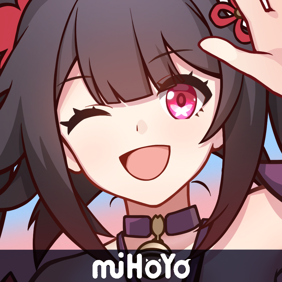 1girl :d bare_shoulders bell black_choker bow brown_hair choker close-up hair_bow head_tilt honkai:_star_rail honkai_(series) logo_parody looking_at_viewer mihoyo neck_bell one_eye_closed open_mouth pink_eyes portrait qingfeng_pao_ningmeng red_bow smile solo sparkle_(honkai:_star_rail) twintails