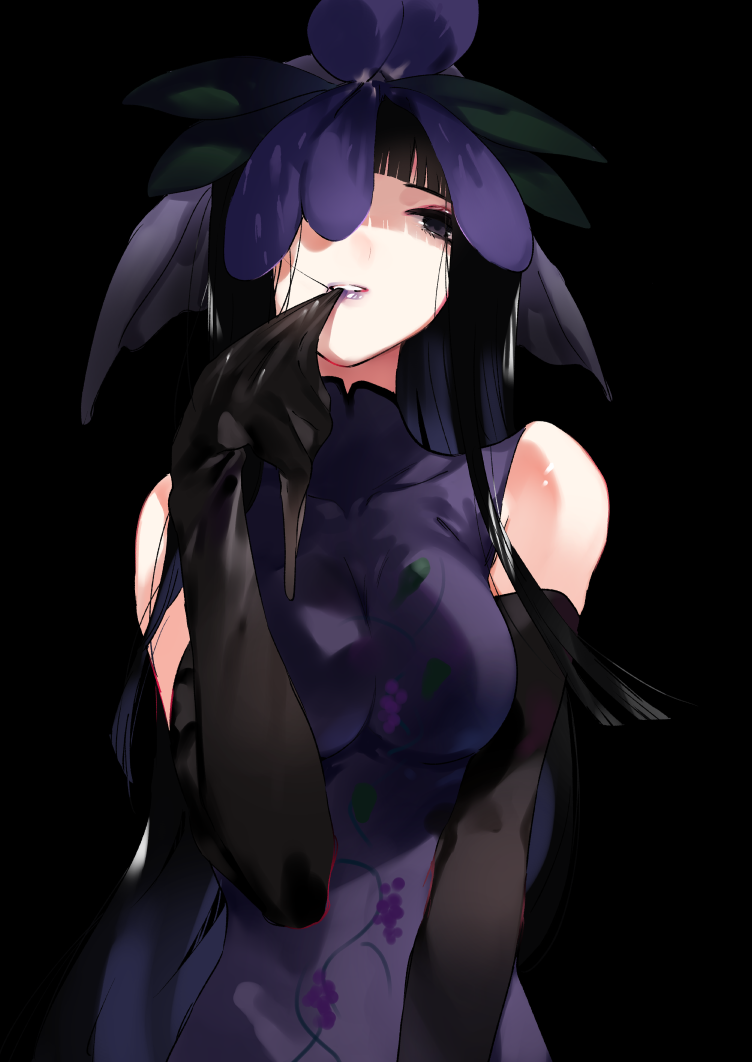 1girl asuzemu bare_shoulders biting black_gloves black_hair blunt_bangs breasts dress elbow_gloves flower flower_on_head glove_biting gloves hime_cut long_hair orchid print_dress purple_dress purple_lips sleeveless sleeveless_dress solo touhou vine_print yomotsu_hisami