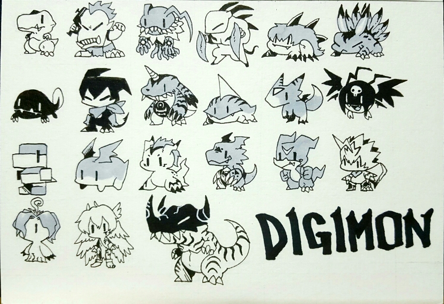 agumon arkadimon_child betamon closed_eyes digimon digimon_(creature) dorumon elecmon gabumon gazimon goburimon gomamon greymon guilmon horns impmon j88672 keramon looking_to_the_side lucemon monochrome palmon patamon petals picodevimon pulsemon simple_background tail toyagumon tyrannosaurus_rex v-mon white_background