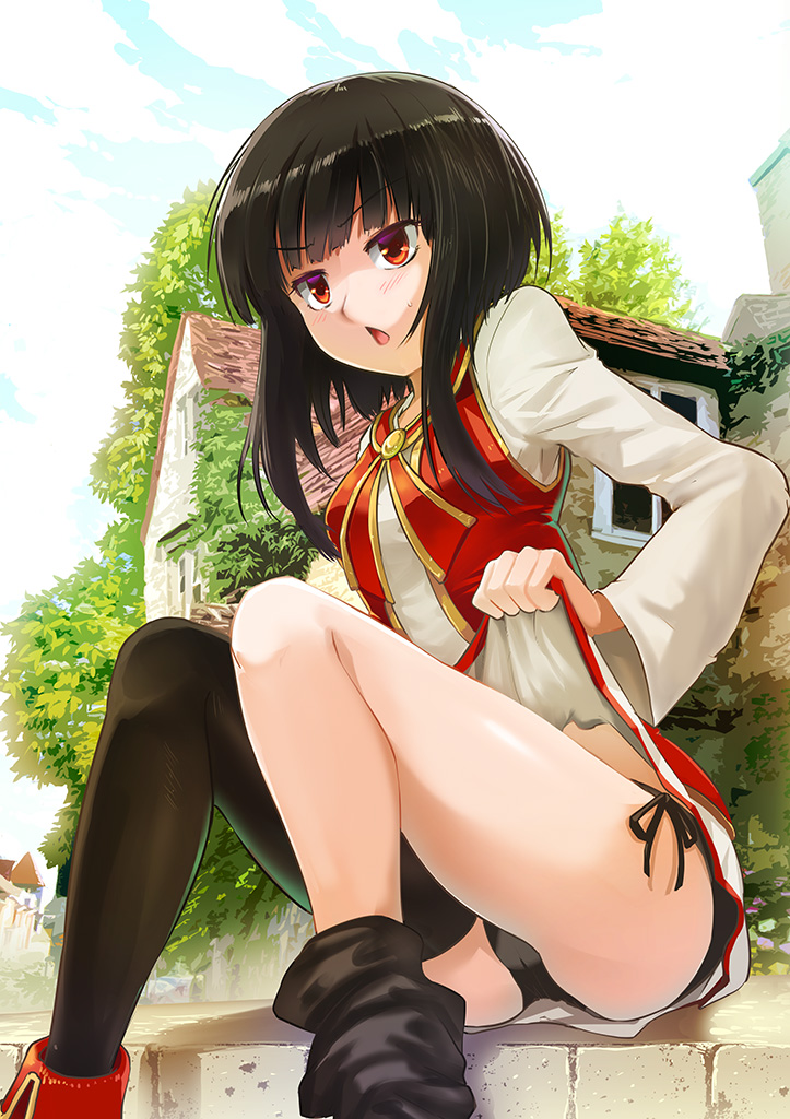 1girl :d black_hair black_panties black_thighhighs blunt_bangs clothes_lift dress dress_lift flashing house jas_(kda10457) kono_subarashii_sekai_ni_shukufuku_wo! lifted_by_self long_sleeves loose_thighhigh megumin outdoors panties red_eyes red_vest short_dress short_hair_with_long_locks side-tie_panties sitting smile solo string_panties thighhighs thighs underwear vest white_dress