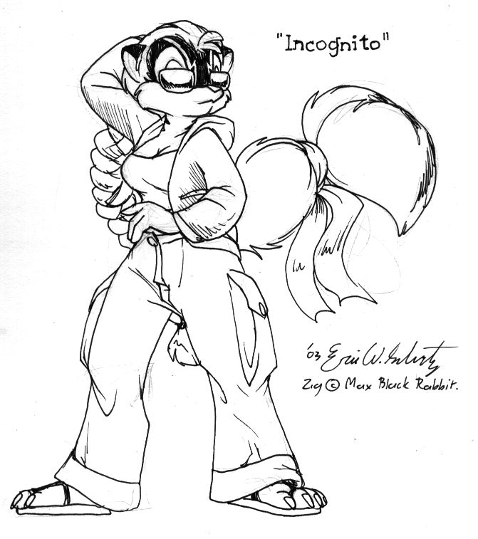 2003 4_fingers 4_toes accessory anthro bottomwear braided_hair braided_ponytail breasts cargo_pants claws cleavage clothed clothing disguise english_text eric_schwartz eyewear feet female fingers footwear furgonomics graphite_(artwork) hair hand_behind_head hoodie hybrid long_hair medium_breasts mixed_media monochrome pants pen_(artwork) pencil_(artwork) plantigrade ponytail raised_tail sandals signature simple_background sketch solo standing sunglasses tail tail_accessory tailband text toe_claws toes topwear traditional_media_(artwork) white_background zig_zag