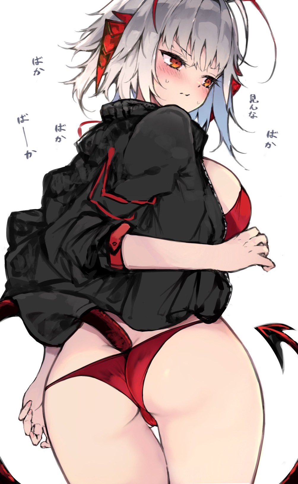1girl ahoge arknights arm_at_side ass ass_focus averting_eyes black_jacket blush bra closed_mouth collared_jacket cowboy_shot demon_tail embarrassed from_behind highres horns jacket kyuu_(plastic_night_q) legs_together long_bangs looking_to_the_side open_clothes open_jacket orange_eyes panties red_bra red_panties short_hair sidelocks simple_background solo sweat tail thigh_gap underwear v-shaped_eyebrows w_(arknights) white_background white_hair